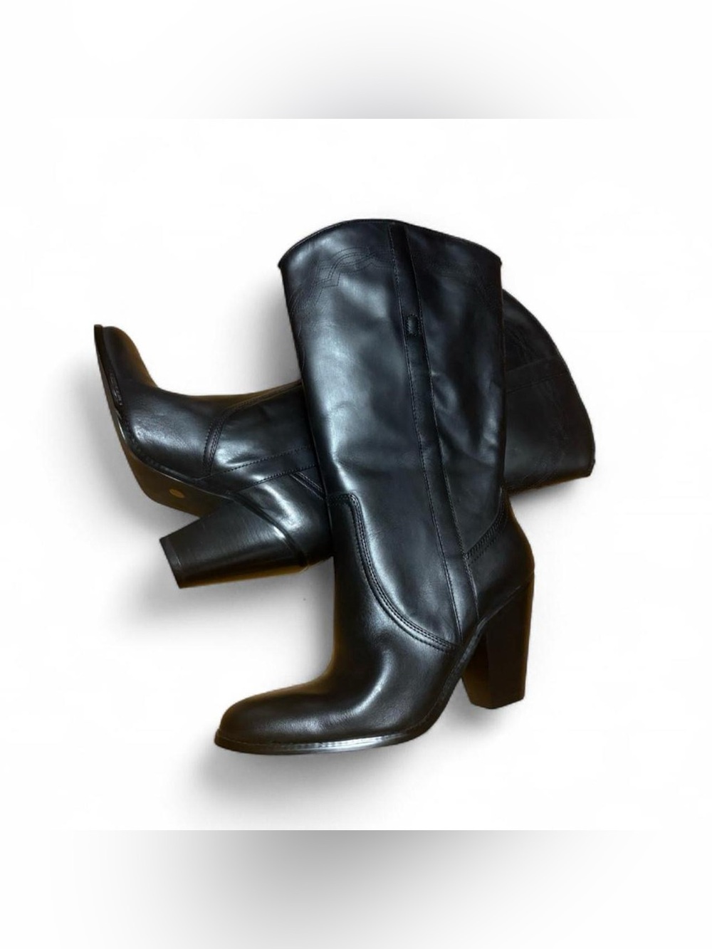 Black Leather Cowgirl Boots Sz 9 Western Boho Block Heel Pull On St John’s Bay